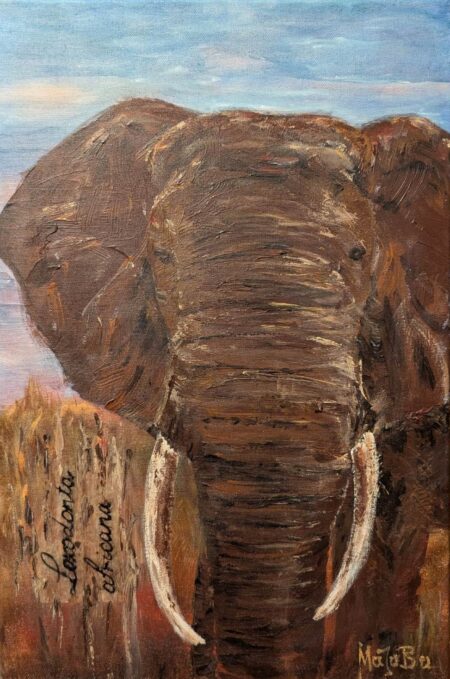 Expressionistisches, handgemaltes Acrylgemälde eines Elefanten in warmen Erd- und Brauntönen mit strukturierter Oberfläche auf Leinwand von artandsoul MaJoBa im edlen schwarzen Schattenfugenrahmen