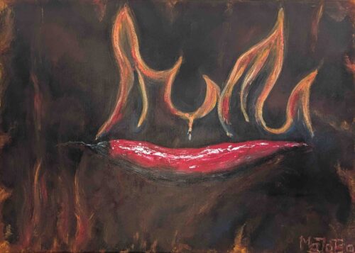 Dramatisches, feuriges Acrylbild mit einer roten Chilischote und lodernden, hellen Flammen vor einem dunklen Hintergrund, handgemalt auf Leinwand.