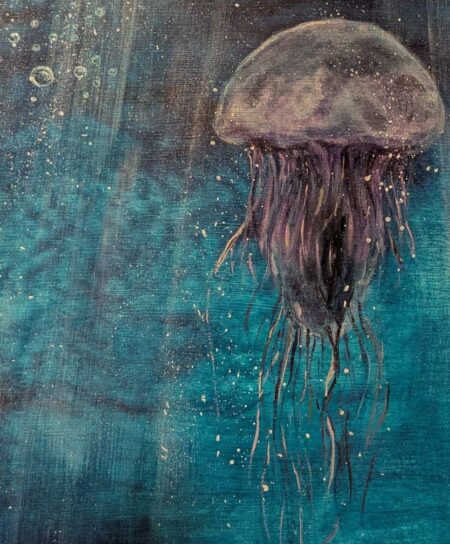 Leuchtendes Unterwasser-Acrylbild mit einer filigranen Qualle und aufsteigenden Luftblasen in tiefen Blau- und Türkistönen, handgemalt auf Leinwand.