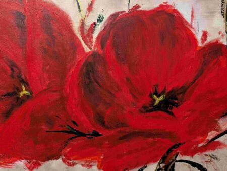 Modernes, ausdrucksstarkes Acrylbild mit großen roten Tulpenblüten, handgemalt auf Leinwand.