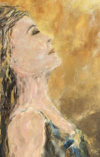 Acrylgemälde einer Frau im goldenen Licht mit warmen Gelb- und Ockertönen auf Leinwand