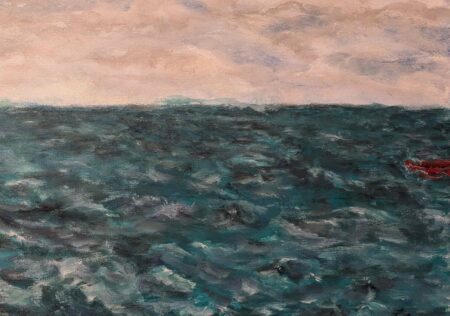 Maritimes Acrylbild mit einer strukturierten, tiefblauen Meeresoberfläche und bewölktem Himmel sowie einem kleinen roten Boot am rechten Bildrand, handgemalt auf Leinwand.