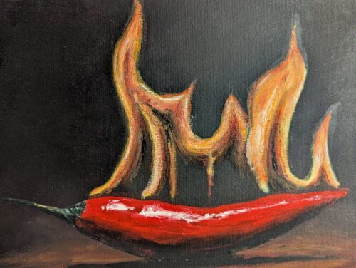 Feuriges Acrylbild einer intensiv roten Chilischote mit hell lodernden Flammen vor einem tiefdunklen Hintergrund, handgemalt auf Leinwand.