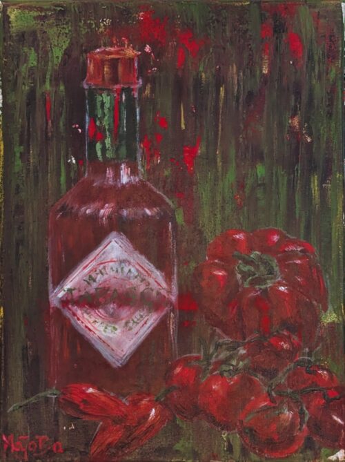 Originelles Pop-Art Acrylbild einer Tabasco-Flasche umgeben von roten Tomaten und Chilis im rustikalen Stil, handgemalt auf Leinwand.